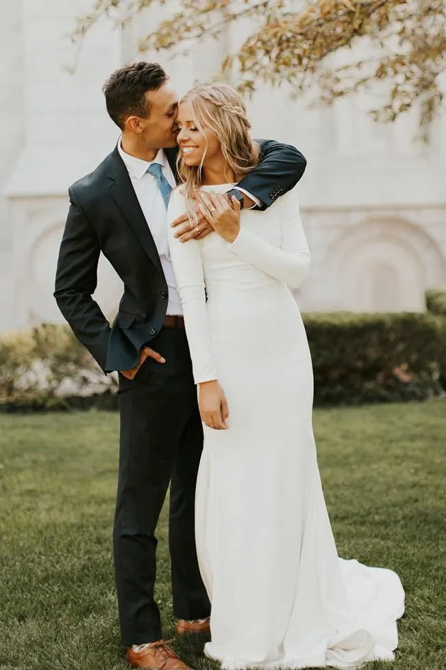 Modest Long Sleeve Satin Wedding Gown With Cathedral Train And Buttons-715717