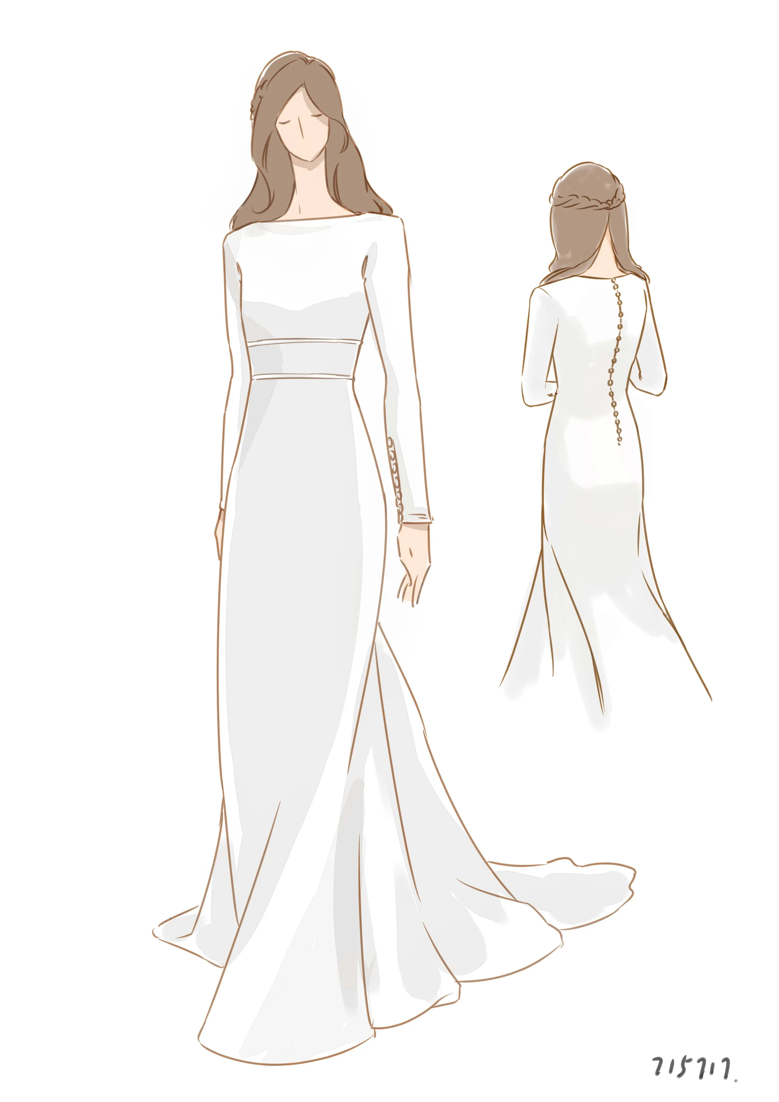 Modest Long Sleeve Satin Wedding Gown With Cathedral Train And Buttons-715717