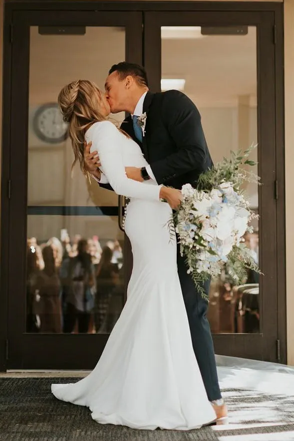 Modest Long Sleeve Satin Wedding Gown With Cathedral Train And Buttons-715717