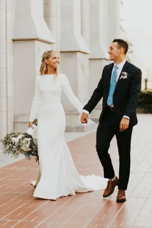 Modest Long Sleeve Satin Wedding Gown With Cathedral Train And Buttons-715717