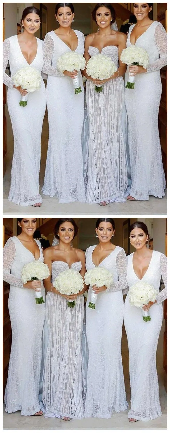 Modest Long Sleeves Sheath V-Neck Long Fulle White Lace Bridesmaid Dresses  ,  WG386