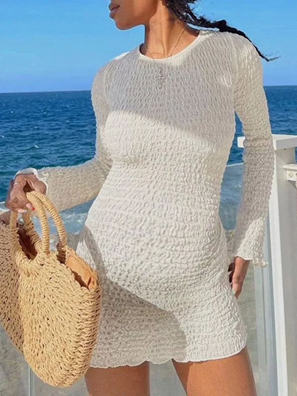 Momnfancy Elegant White Ruffle Falbala Backless Belt Bodycon Babyshower Vacation Maternity Mini Dress