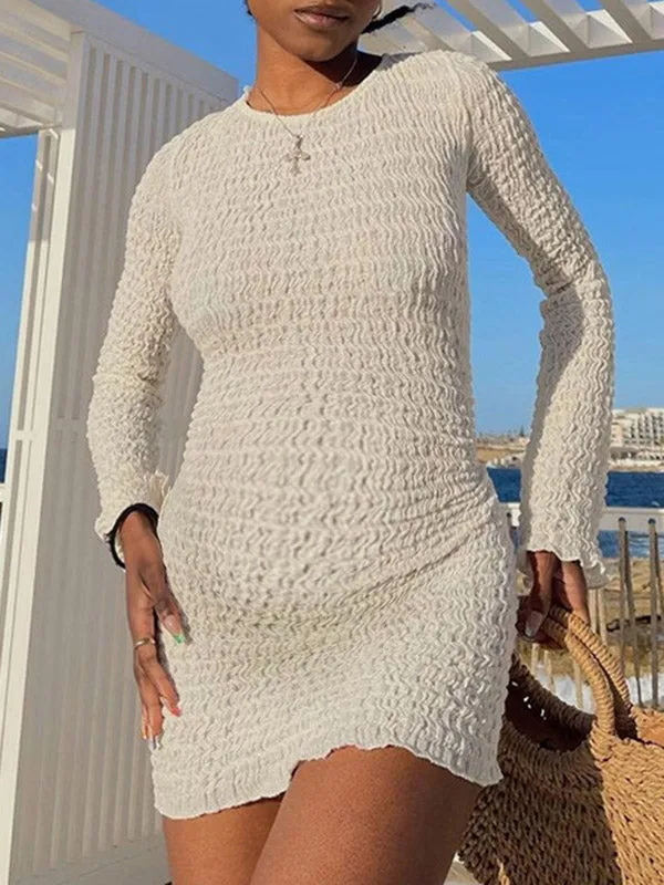 Momnfancy Elegant White Ruffle Falbala Backless Belt Bodycon Babyshower Vacation Maternity Mini Dress