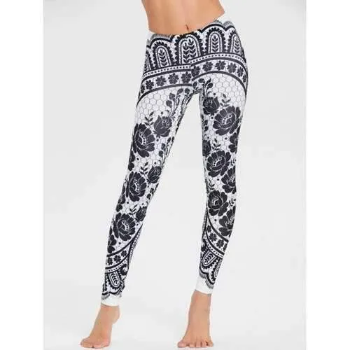 Monochrome Floral Leggings - Black M