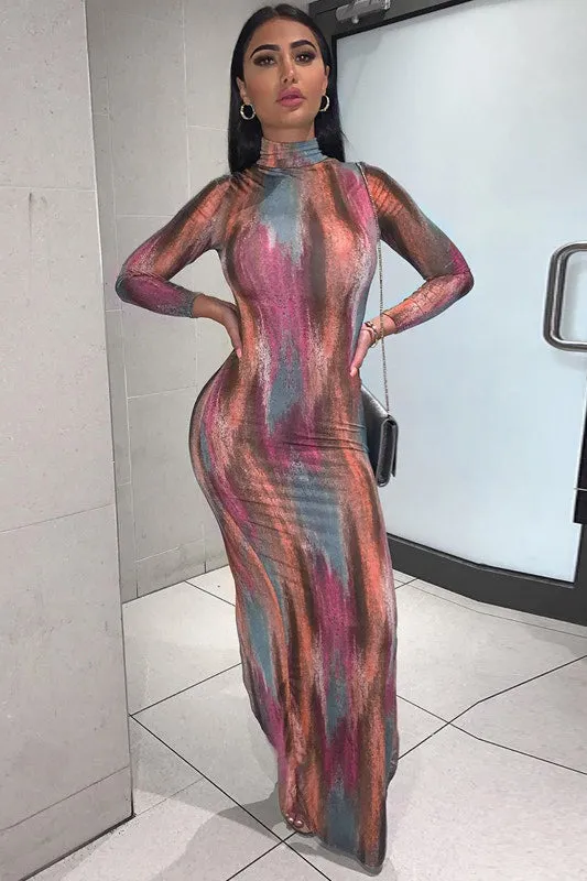 Multi Printed Turtleneck Asymmetric Split Maxi Dress