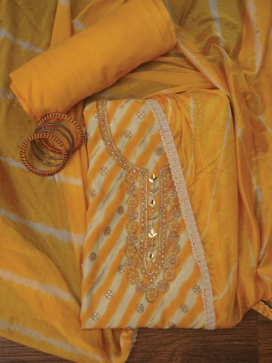 Multicolor Leheriya Printed Embroidered Dress Material with Dupatta