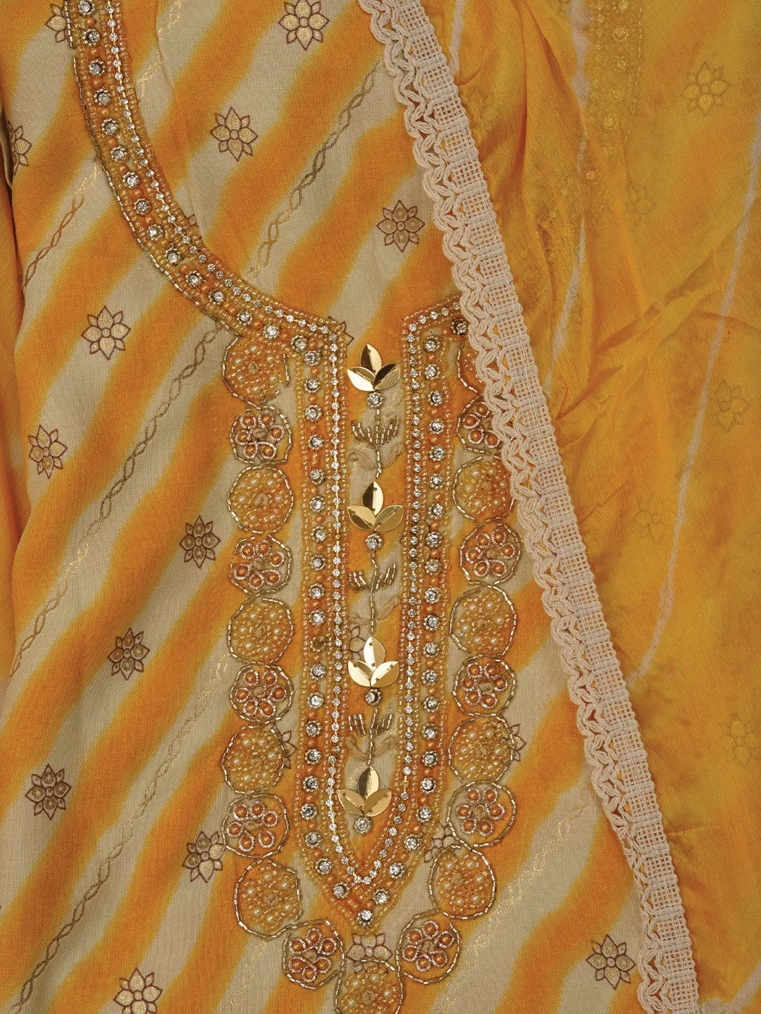 Multicolor Leheriya Printed Embroidered Dress Material with Dupatta