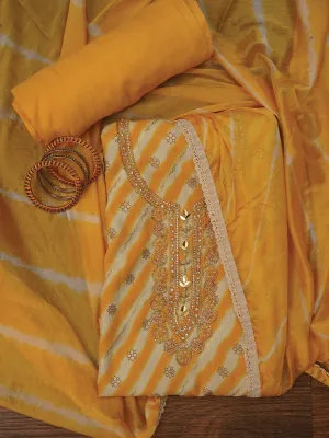 Multicolor Leheriya Printed Embroidered Dress Material with Dupatta