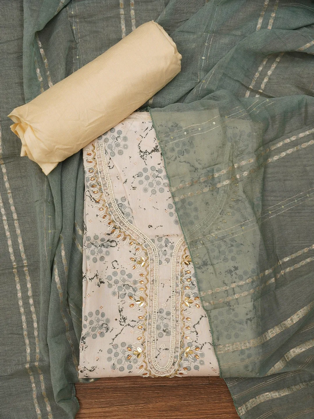 Multicolor Unstitched Embellished Cotton Blend Dress Material with Dupatta