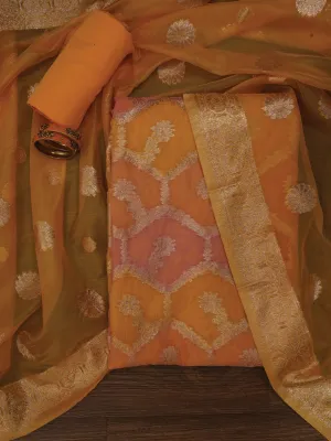 Multicolor Unstitched Zari Woven Organza Dress Material With Dupatta