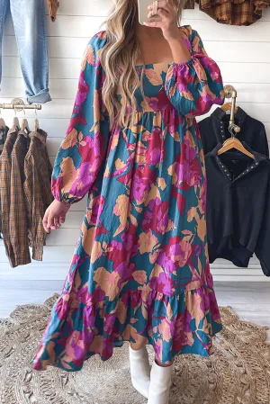 Multicolour Square Neck High Waist Ruffled Floral Dress