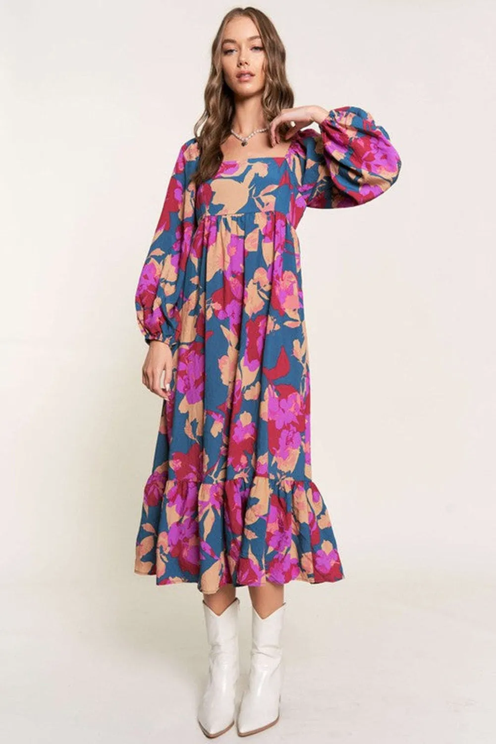 Multicolour Square Neck High Waist Ruffled Floral Dress