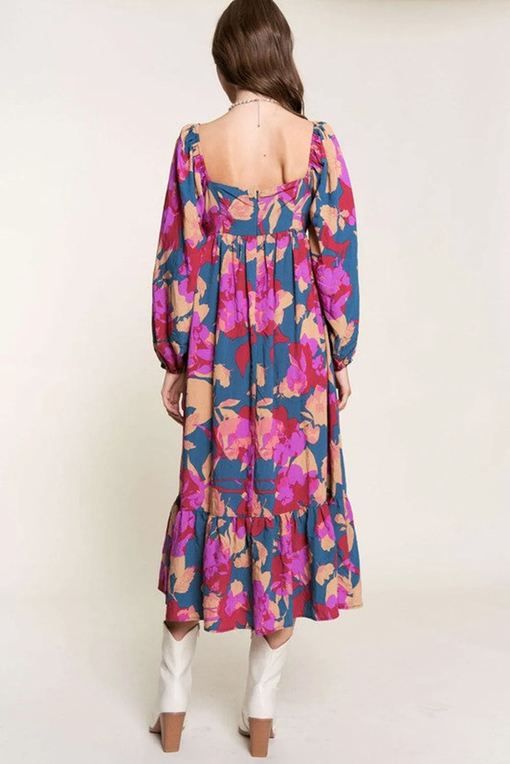Multicolour Square Neck High Waist Ruffled Floral Dress