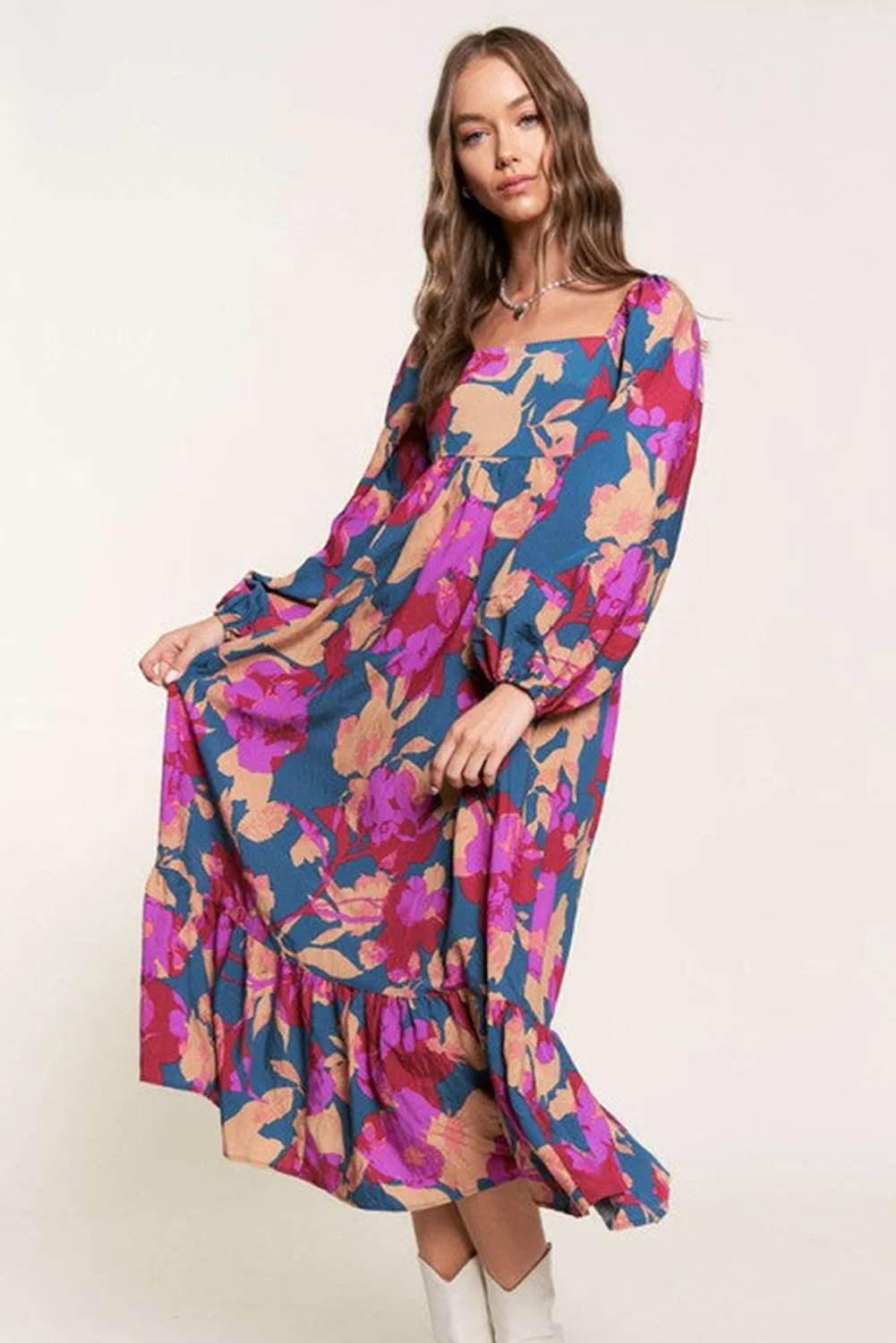 Multicolour Square Neck High Waist Ruffled Floral Dress