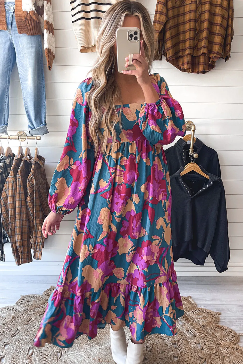 Multicolour Square Neck High Waist Ruffled Floral Dress