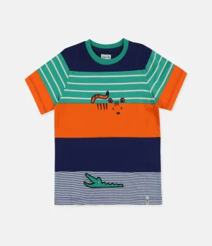 Multicoloured Tiger And Crocodile Applique T-Shirt