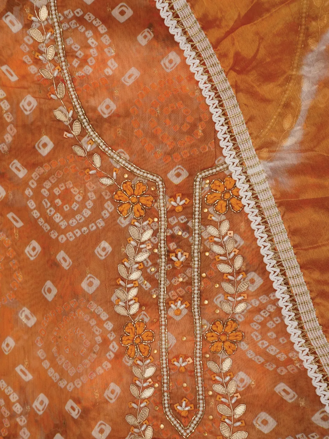 Mustard Bandhani Embroidered Dress Material with Leheriya Dupatta
