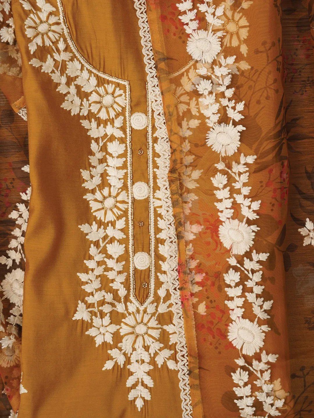 Mustard Pure Silk Lucknowi Embroidered Dress Material with Dupatta