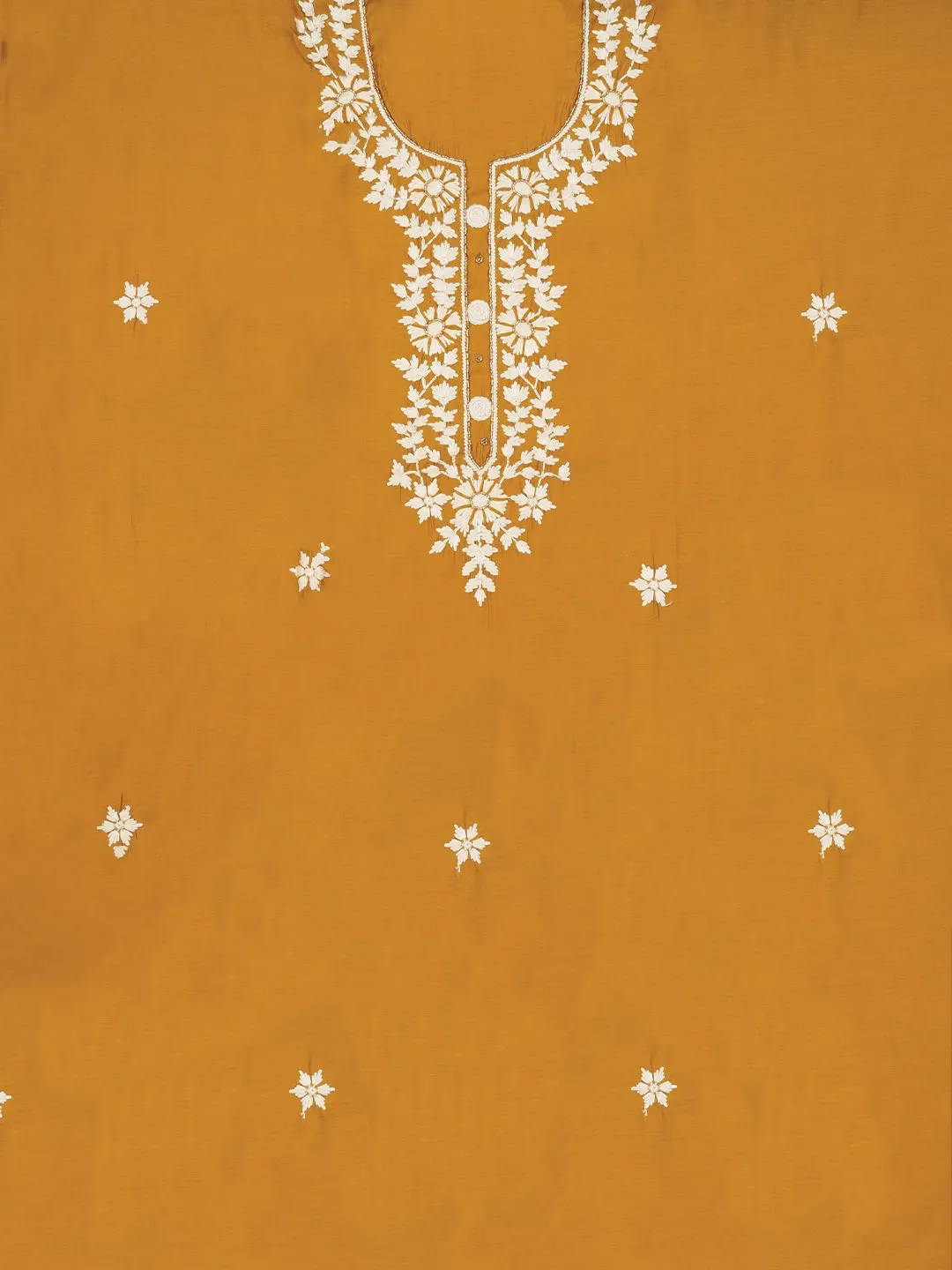 Mustard Pure Silk Lucknowi Embroidered Dress Material with Dupatta