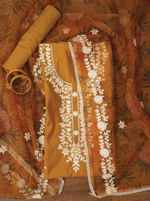Mustard Pure Silk Lucknowi Embroidered Dress Material with Dupatta