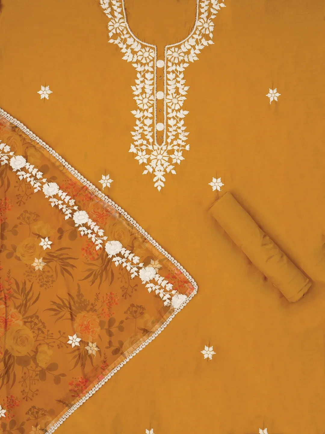 Mustard Pure Silk Lucknowi Embroidered Dress Material with Dupatta