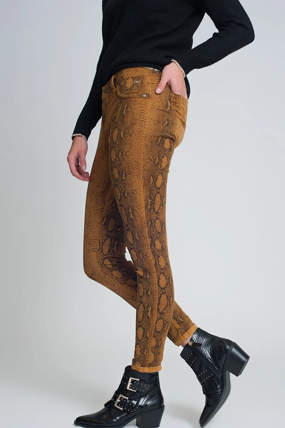 Mustard Reversible Snake Print Skinny Jeans