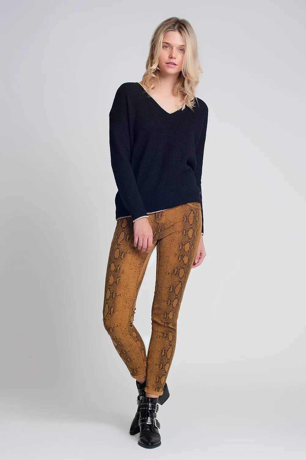 Mustard Reversible Snake Print Skinny Jeans