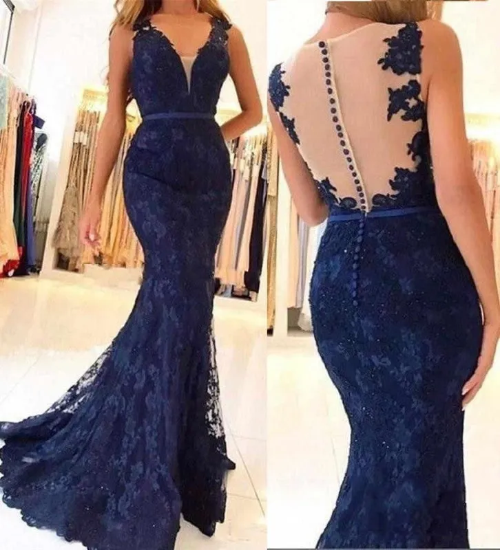 Navy Blue Sleeveless Formal Dresses Mermaid Sheer Back Lace Prom Gown