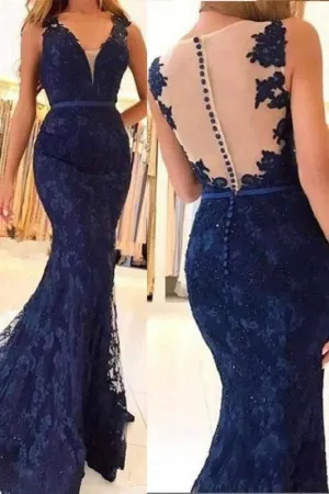 Navy Blue Sleeveless Formal Dresses Mermaid Sheer Back Lace Prom Gown