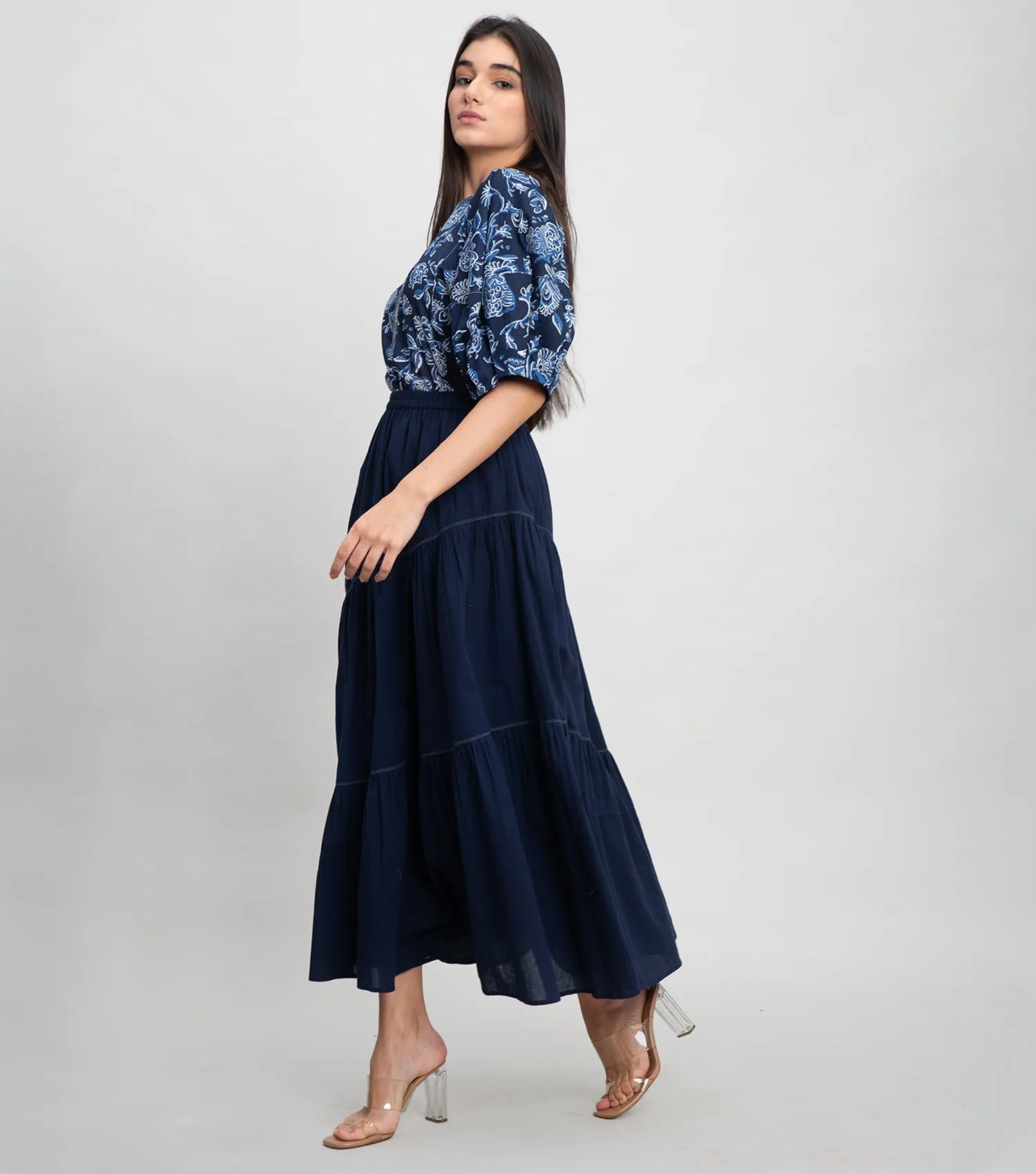Navy Cotton Printed Top with Balloon Sleeve & Stitch line on Neck
