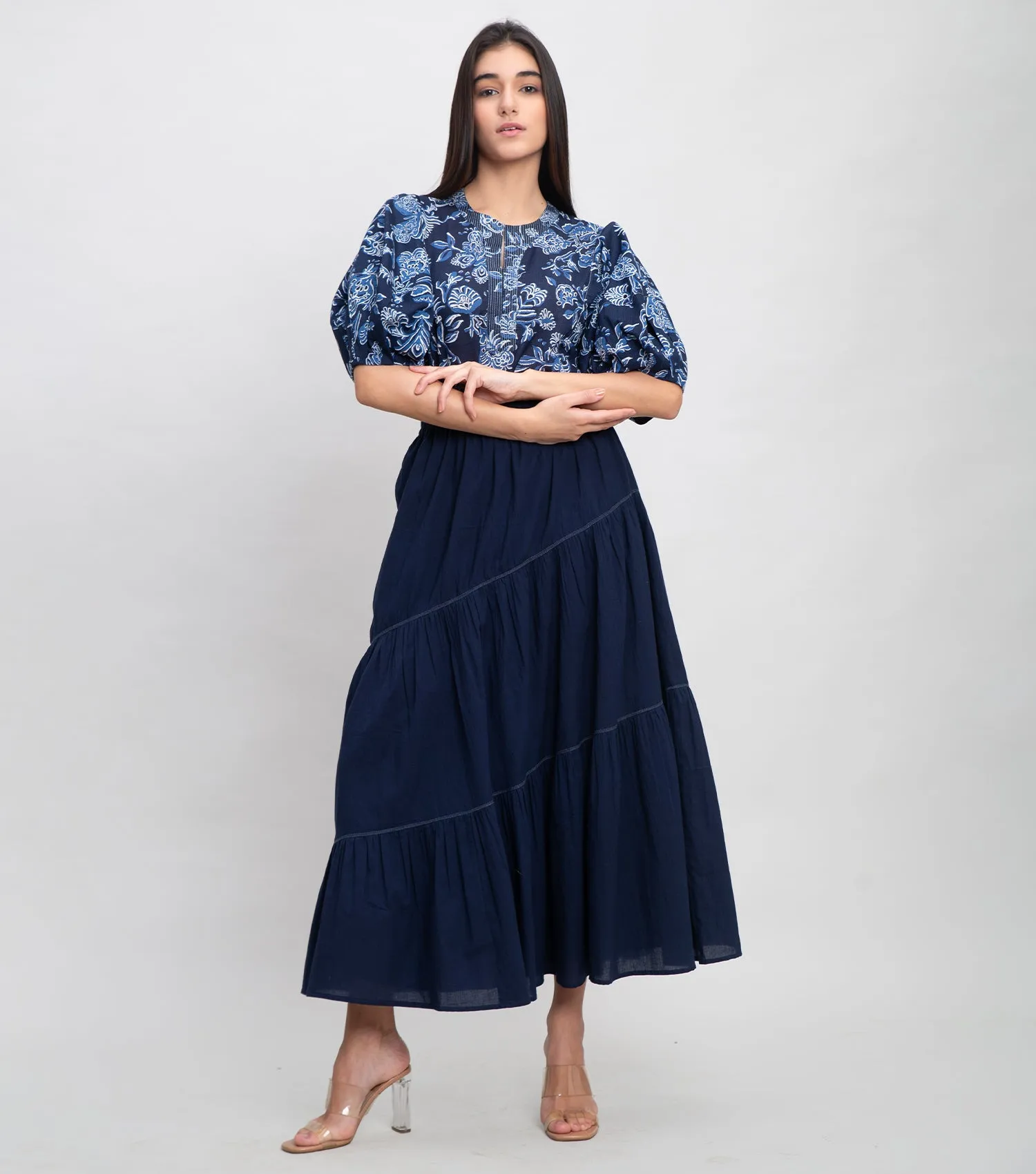 Navy Cotton Printed Top with Balloon Sleeve & Stitch line on Neck