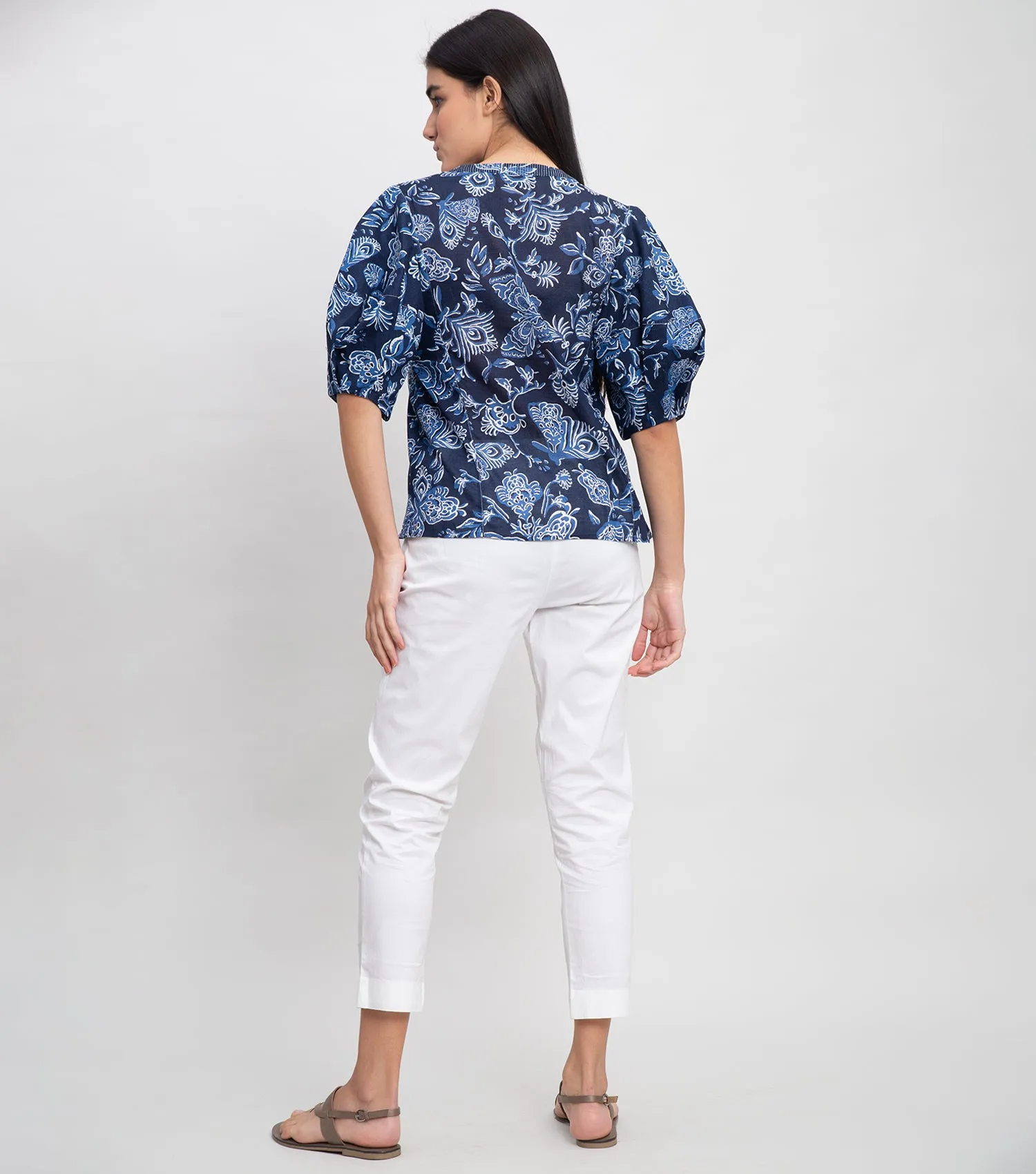 Navy Cotton Printed Top with Balloon Sleeve & Stitch line on Neck