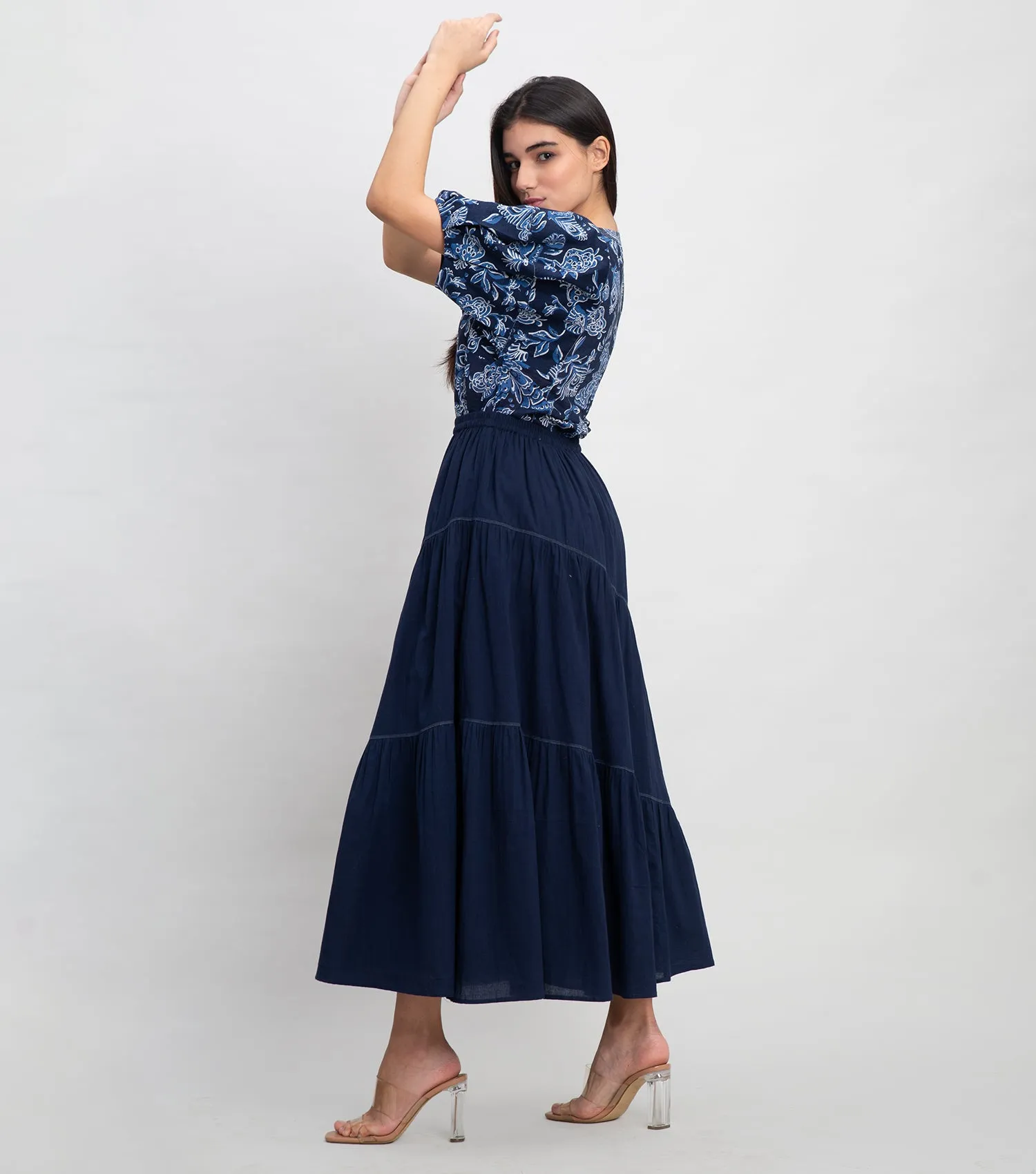 Navy Cotton Printed Top with Balloon Sleeve & Stitch line on Neck