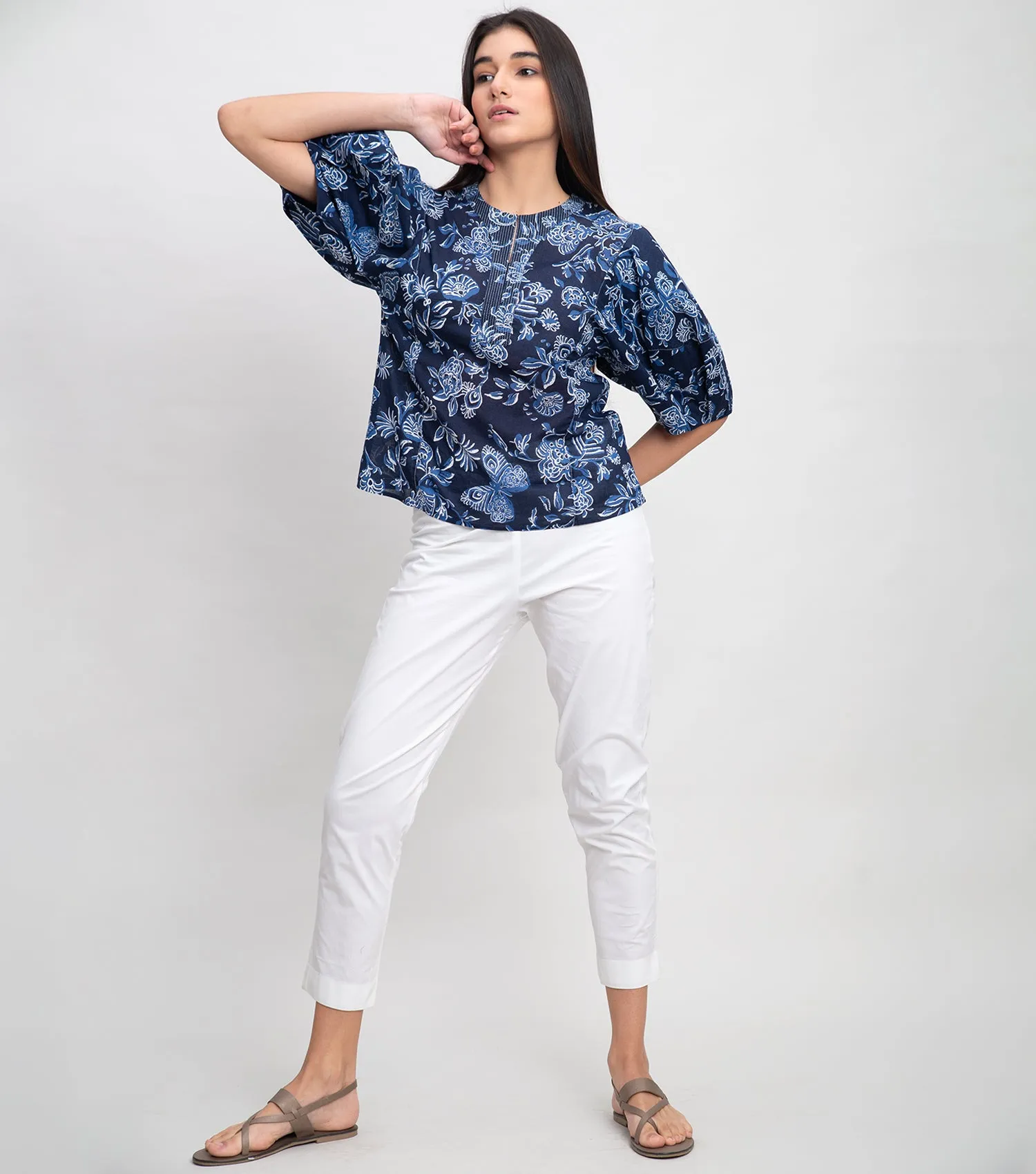 Navy Cotton Printed Top with Balloon Sleeve & Stitch line on Neck