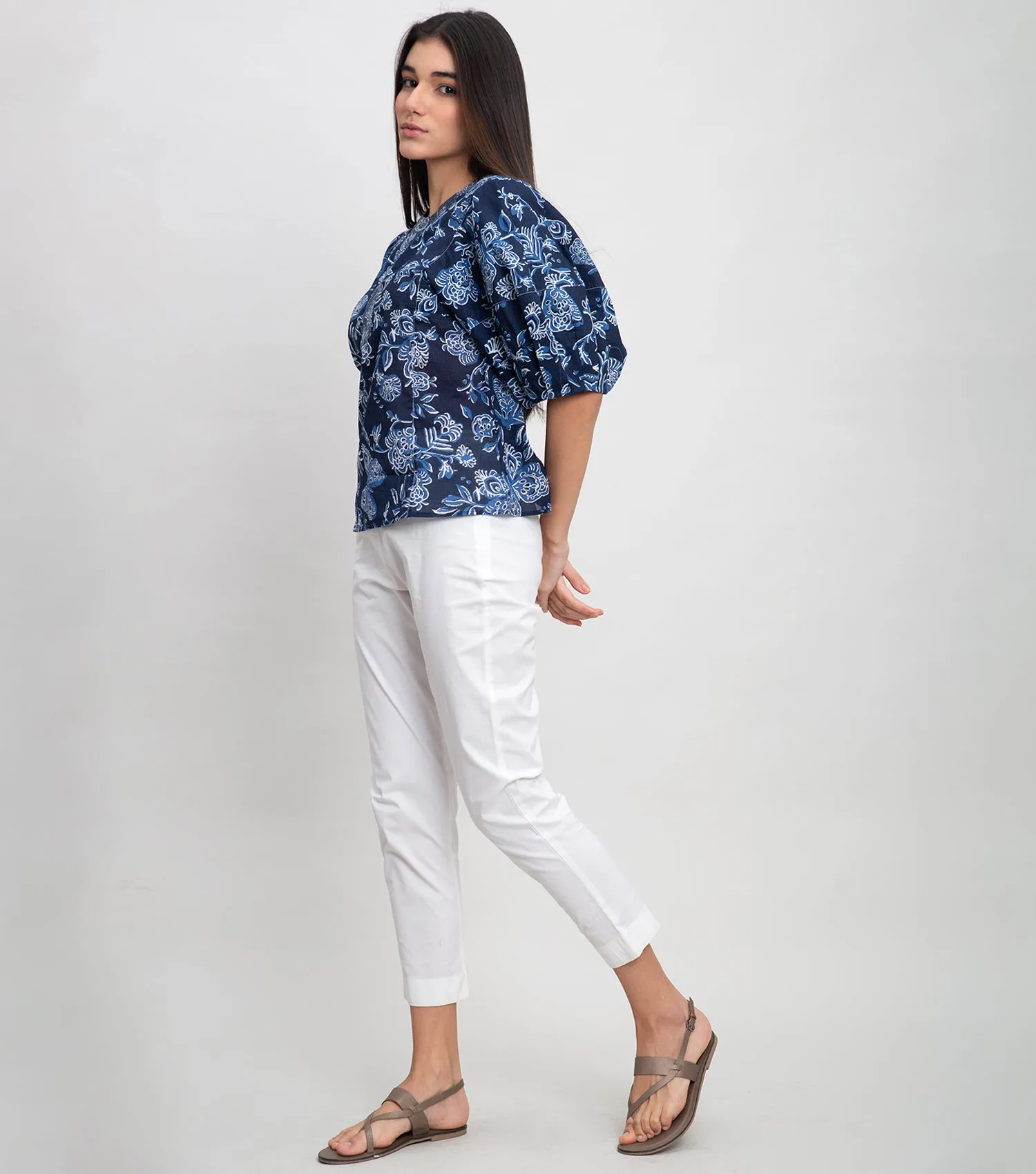 Navy Cotton Printed Top with Balloon Sleeve & Stitch line on Neck
