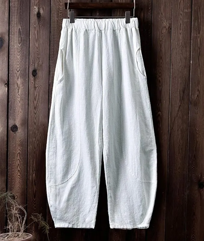 New IXIMO Women's Casual Cotton Linen Baggy Pants with Elastic Waist Relax Fit Lantern Trouser White Sz M Retails $65 