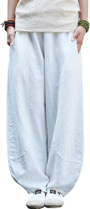 New IXIMO Women's Casual Cotton Linen Baggy Pants with Elastic Waist Relax Fit Lantern Trouser White Sz M Retails $65 