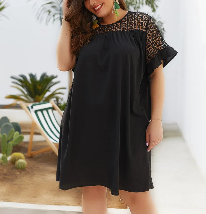 New Lace Round Neck Solid Color Short-sleeved Dress