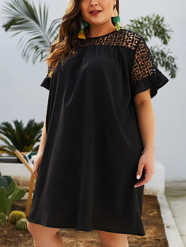 New Lace Round Neck Solid Color Short-sleeved Dress