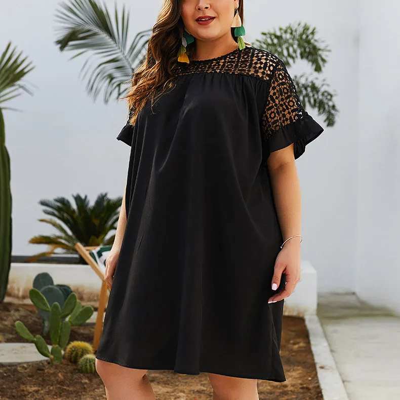 New Lace Round Neck Solid Color Short-sleeved Dress
