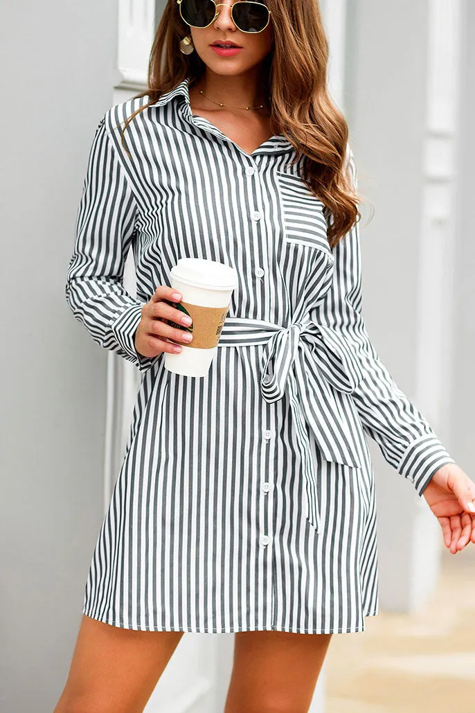 New Lace-up Long-sleeved Striped Fashion Shirt Dress Skirt