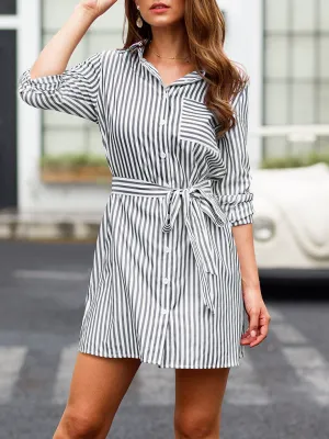 New Lace-up Long-sleeved Striped Fashion Shirt Dress Skirt