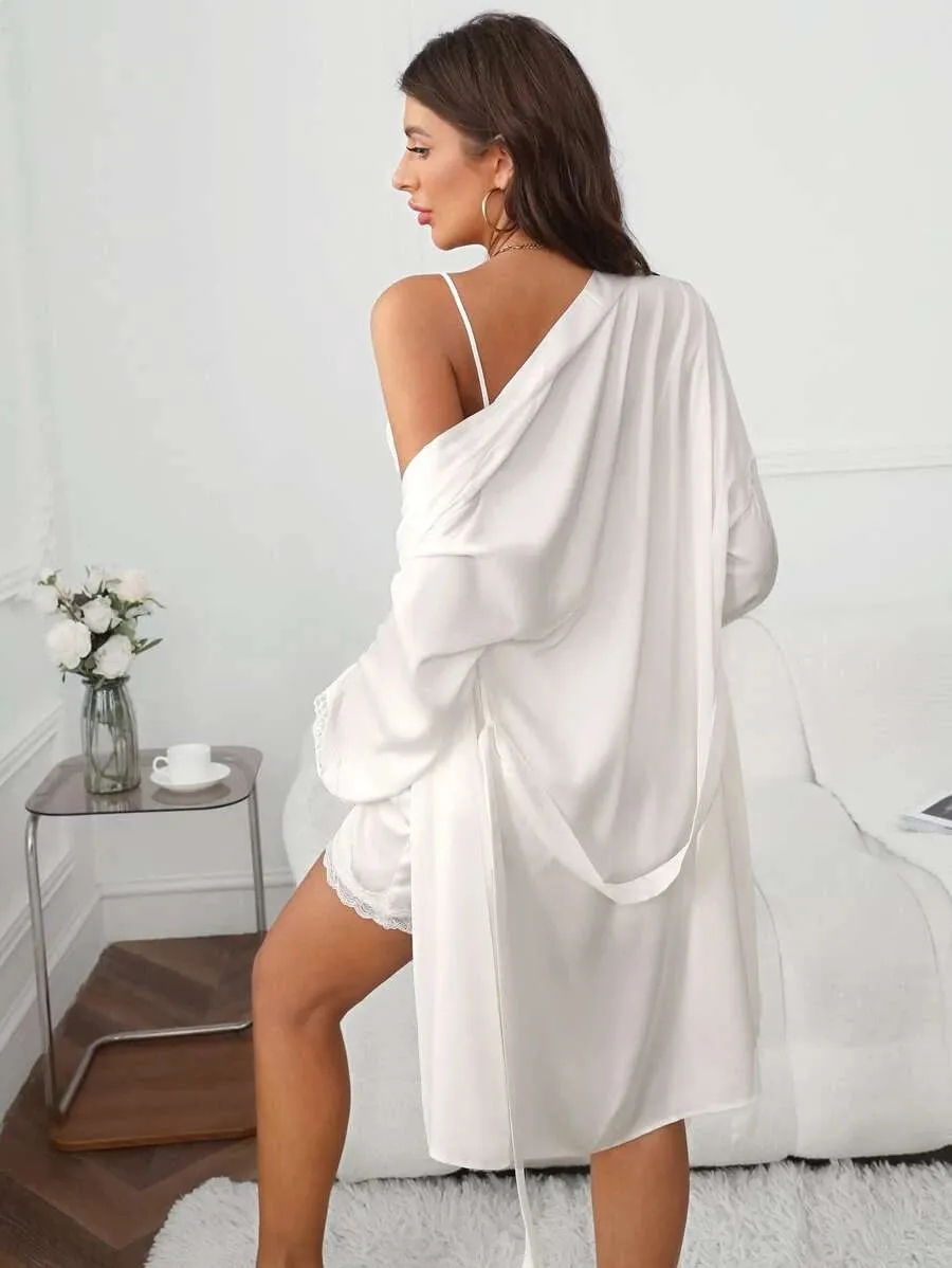 New Shein Drop Shoulder Lace Trim Belted Satin Robe & Cami Dress PJ Set white, Sz S! Fits True, Great Quality!
