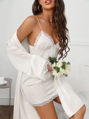 New Shein Drop Shoulder Lace Trim Belted Satin Robe & Cami Dress PJ Set white, Sz S! Fits True, Great Quality!