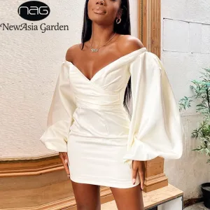 NewAsia off Schulter Kleid Laterne Hülse 2 Schichten Weiß Hohe Taille Bodycon Kleider Backless Vestidos Frauen Sexy Mini Robe 2020