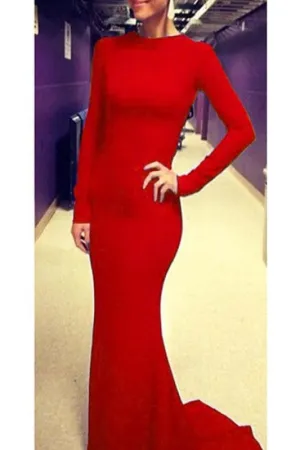 Newest Charming Red Long Sleeve Backless Prom Dress