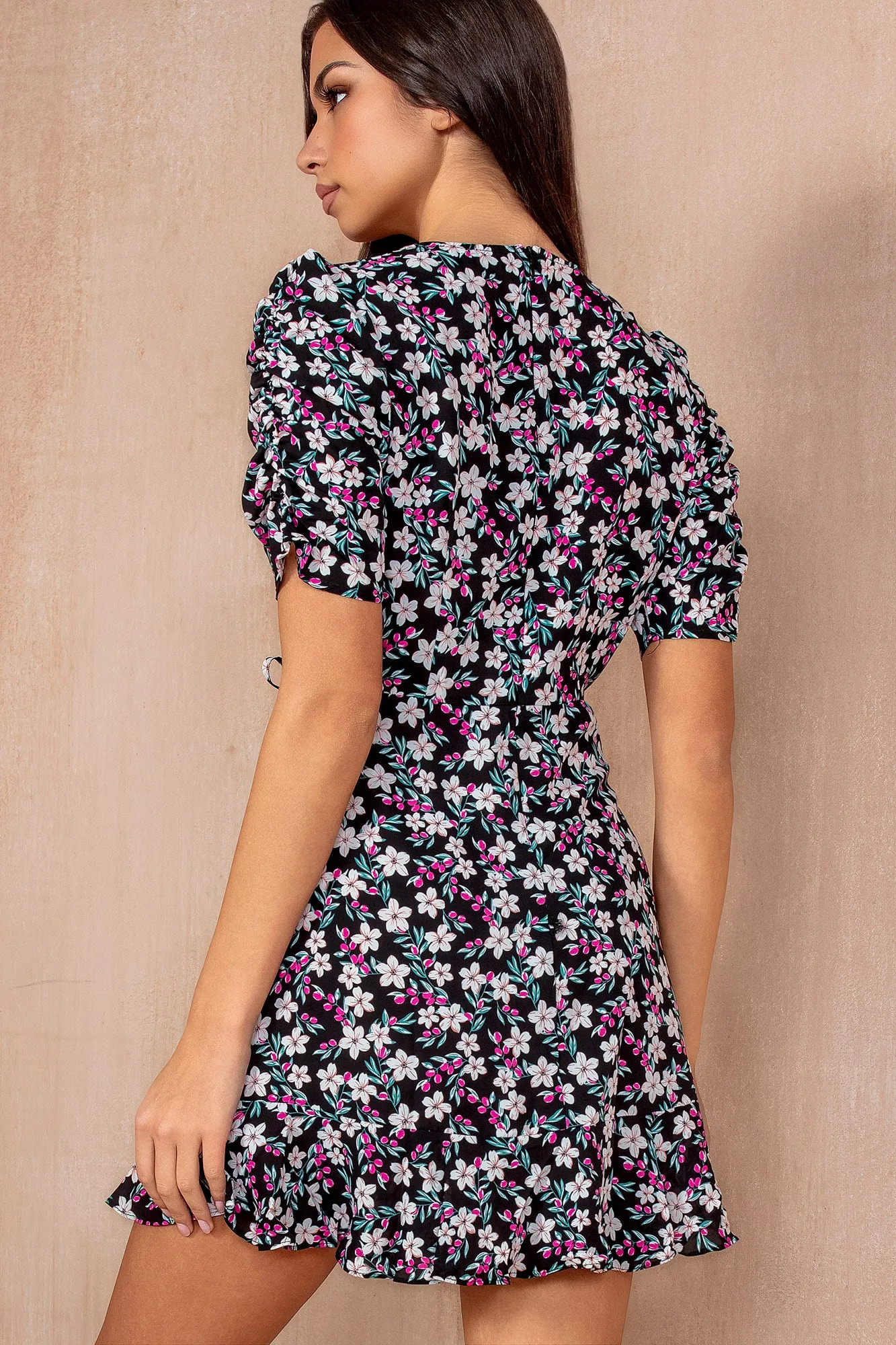 Nia Black Floral Frill Dress