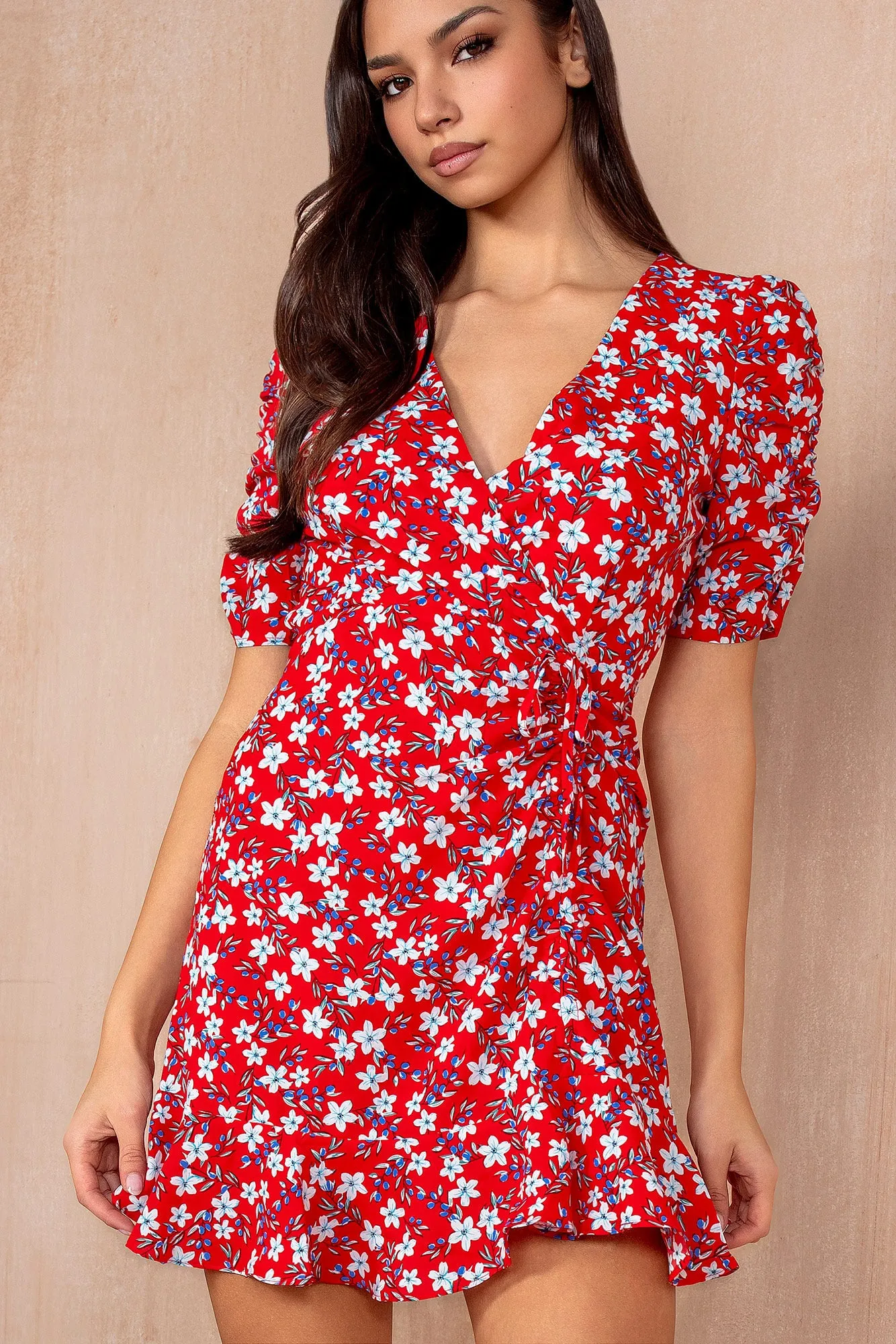 Nia Red Floral Frill Dress