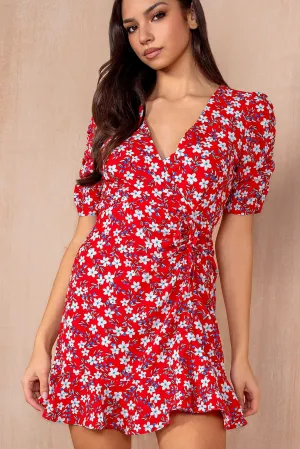 Nia Red Floral Frill Dress
