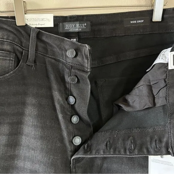 NWT Judy Blue Black Wide Crop Button-Fly Jeans